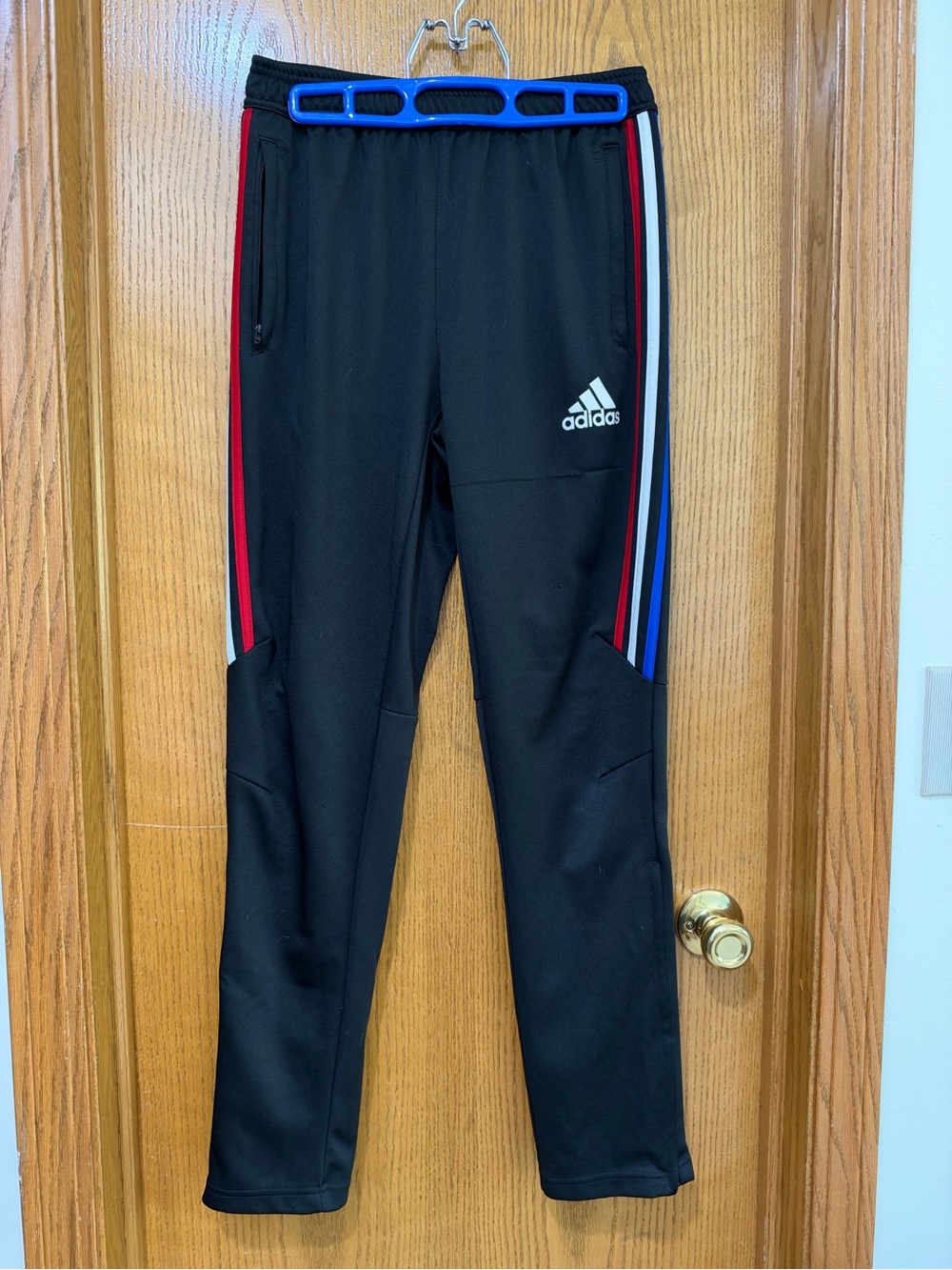 adidas Black Kids Track Pants with Red & Blue Side Stripes